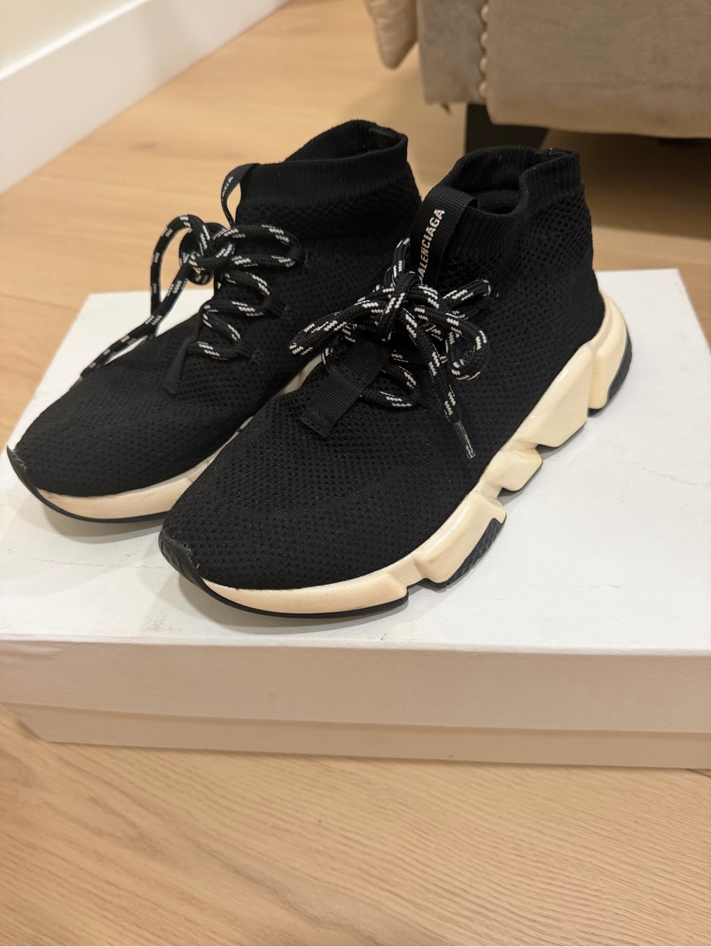 Balenciaga Black Knit High-Top Sock Sneakers with White/Cream Sole